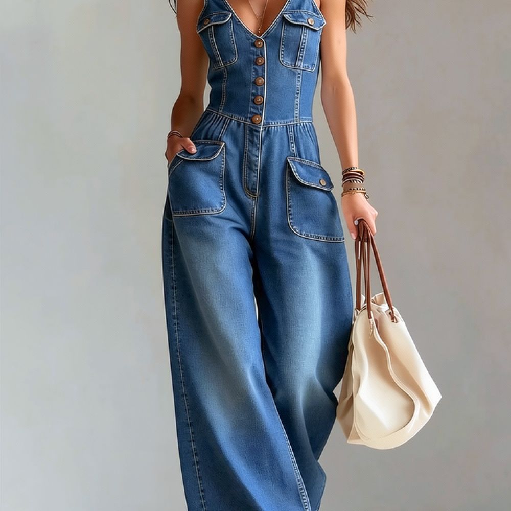 Jumpsuit Linen Relaxed - 여성용 캐주얼 워싱 데님 점프수트, 소매