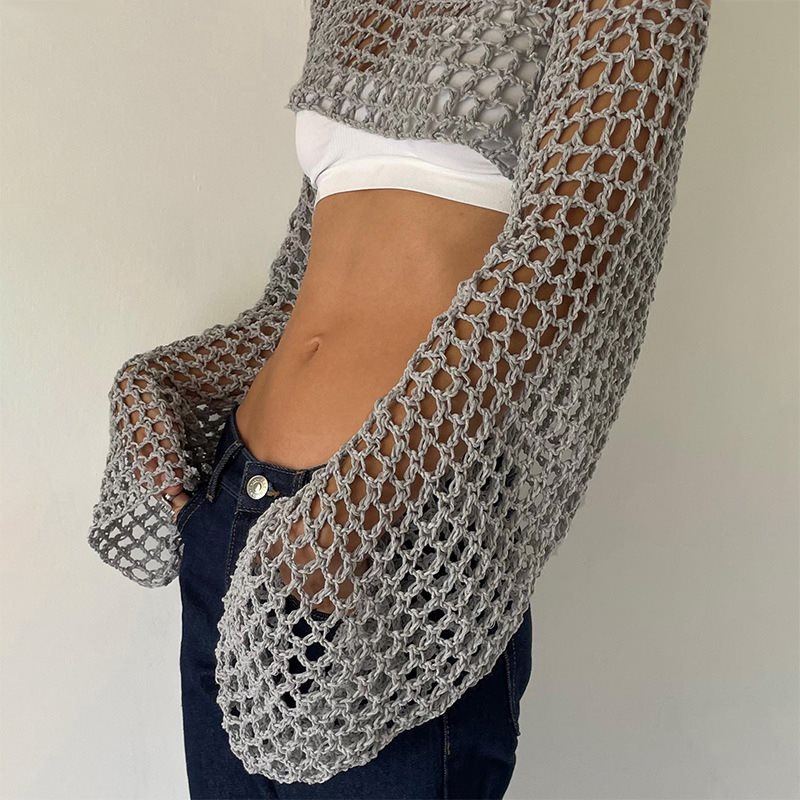 Crop Top Crochet - 긴 소매 크로셰 크롭 탑, 니트