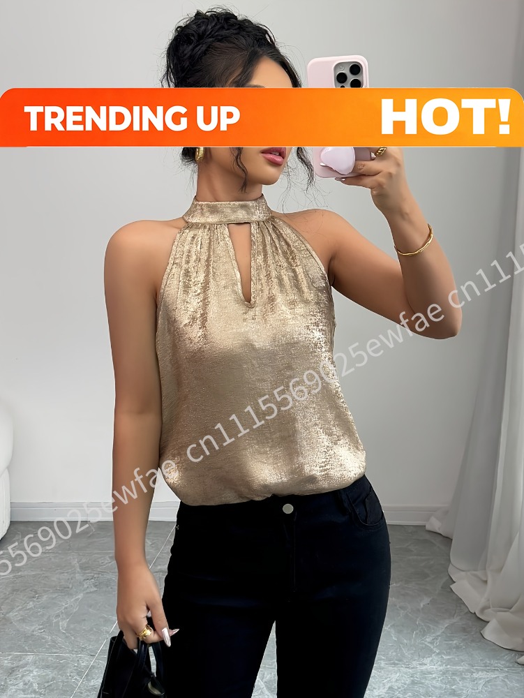 샴페인 골드 샤이니 글로시 홀터넥 오프숄더 홀 아웃 슬 - Blouse Off Shoulder 리뷰 및 가격