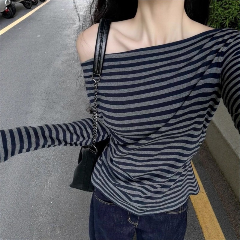 여성 빈티지 스트라이프 오프숄더 긴팔 탑 한국 스타일  - Blouse Off Shoulder 리뷰 및 가격