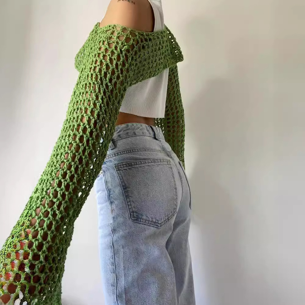 긴 소매 크로셰 크롭 탑, 니트 할로우 아웃 메쉬 커버 - Crop Top Crochet 리뷰 및 가격