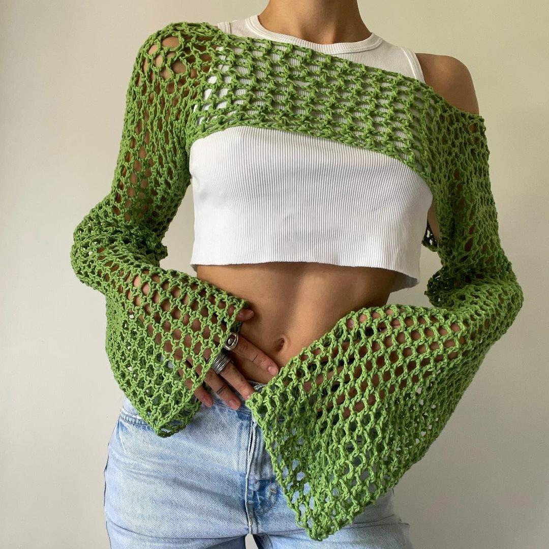 긴 소매 크로셰 크롭 탑, 니트 할로우 아웃 메쉬 커버 - Crop Top Crochet 리뷰 및 가격